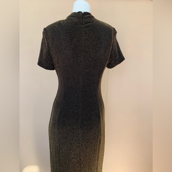 Vintage 90s Gold Peekaboo Evening Dress | Short Sleeve Mockneck Gown w Slit - Picture 8 of 11